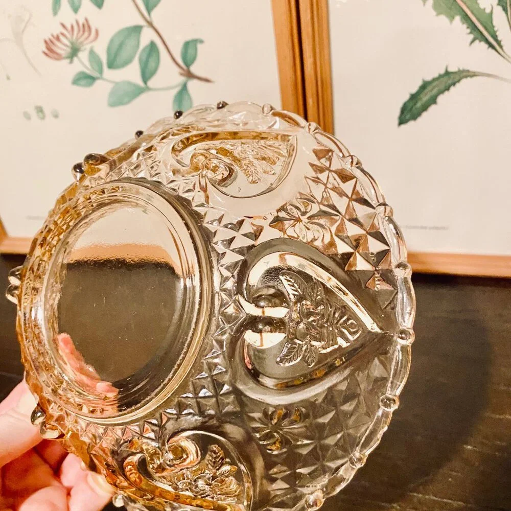 Vintage Pink Glass Candy‎ Dish with Heart and Rose Pattern Victorian Style